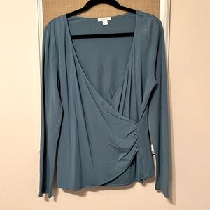 Long sleeve faux wrap blue Garnet Hill blouse. Size M.